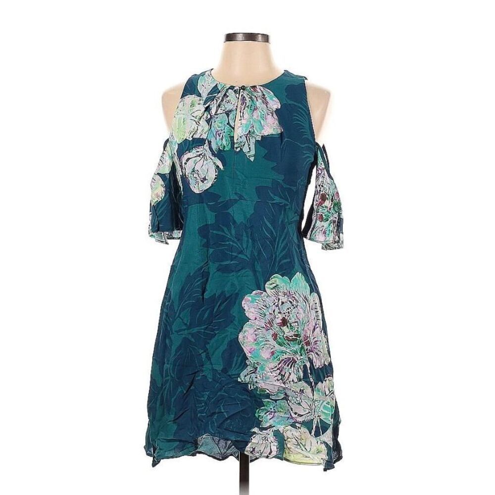 Anthropologie Maeve LinenBlend Floral Print Midi Dress Smocked Waist Puff Sleeve